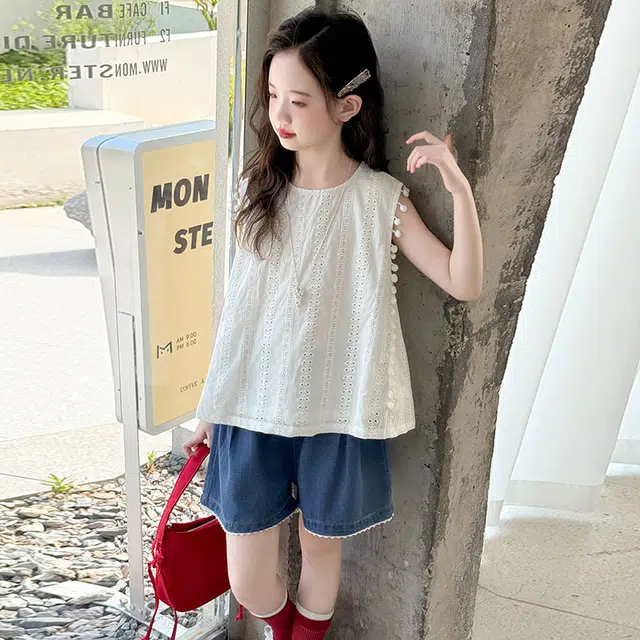 比比我休闲运动套装 女童夏季服装 大童潮牌 小孩衣服 小女孩无袖镂空牛仔短裤