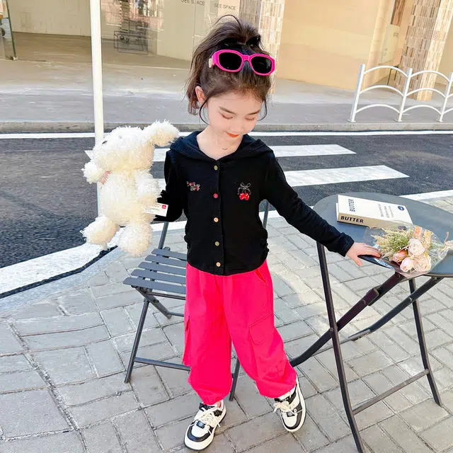 比比我休闲运动套装  女童春秋季连帽工装裤大童潮牌小孩衣服 小女孩短袖洋气时髦 舒适帅气轻便