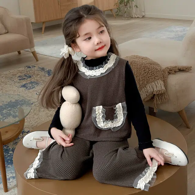比比我休闲运动套装  女童春秋季花边马甲大童潮牌小孩衣服 小女孩短袖洋气时髦 舒适帅气轻便
