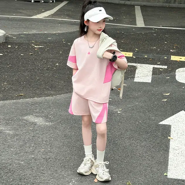 比比我儿童休闲运动套装 女童夏季 小孩衣服 小女孩拼色短袖 洋气短裤套 大童潮牌