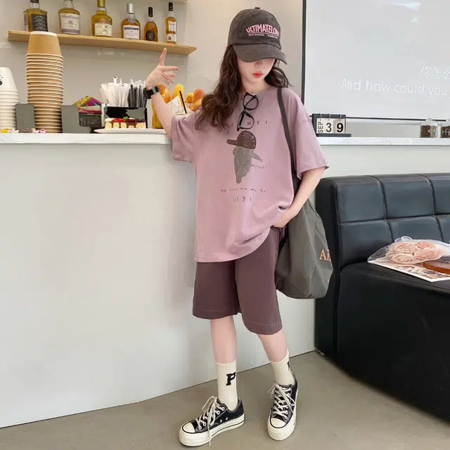 比比我休闲运动套装 女童夏季服装 大童潮牌 小孩衣服 小女孩无袖卡通人短裤套