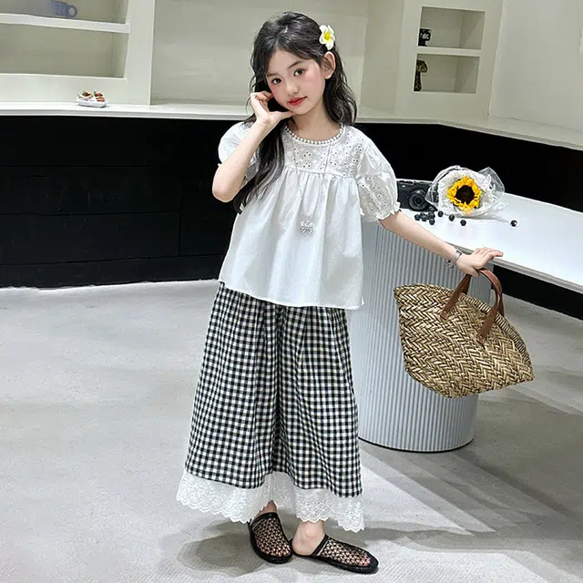 比比我儿童休闲运动套装 女童夏季服装  小孩衣服 小女孩短袖格子裤   大童潮牌