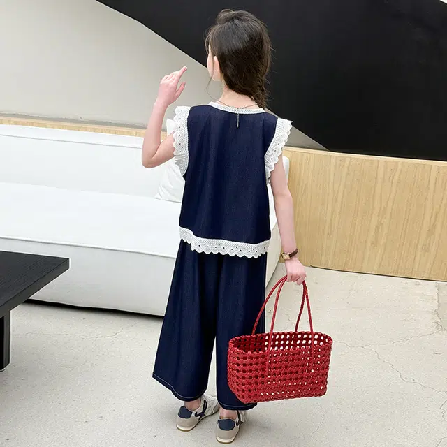 比比我儿童套装  休闲运动 女童夏季服装 小孩衣服 小女孩小香风牛仔花边  大童潮牌