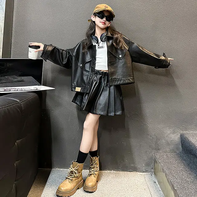 比比我休闲运动套装  女童春秋季洋气皮衣半身裙大童潮牌小孩衣服 小女孩短袖时髦 舒适帅气轻便