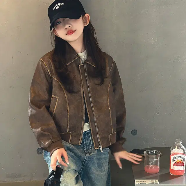 比比我休闲运动套装  女童春秋季皮衣夹克牛仔裤大童潮牌小孩衣服 小女孩长袖洋气时髦 舒适帅气轻便