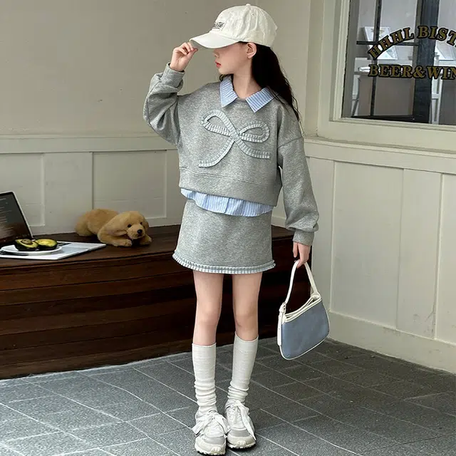 比比我休闲运动套装  女童春秋季大蝴蝶结大童潮牌小孩衣服 小女孩长袖洋气时髦 舒适帅气轻便