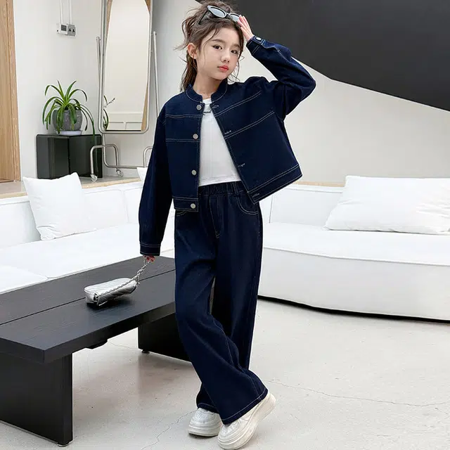 比比我休闲运动套装  女童春秋季牛仔大童潮牌小孩衣服 小女孩长袖洋气时髦 舒适帅气轻便