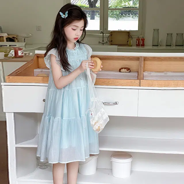比比我女童夏季连衣裙 小孩衣服 小女孩甜美飞袖裙子 时尚舒适 清新公主裙 大童潮牌 百搭休闲