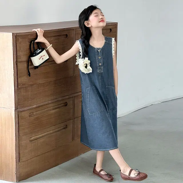 比比我女童夏季连衣裙 小女孩牛仔裙 休闲裙子 百搭时尚