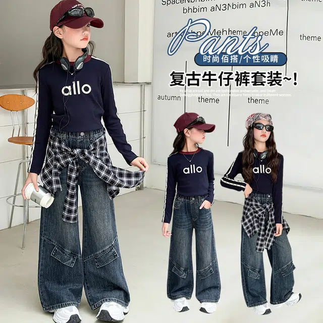 比比我休闲运动套装  女童春秋季印花拉条牛仔裤大童潮牌小孩衣服 小女孩短袖洋气时髦 舒适帅气轻便