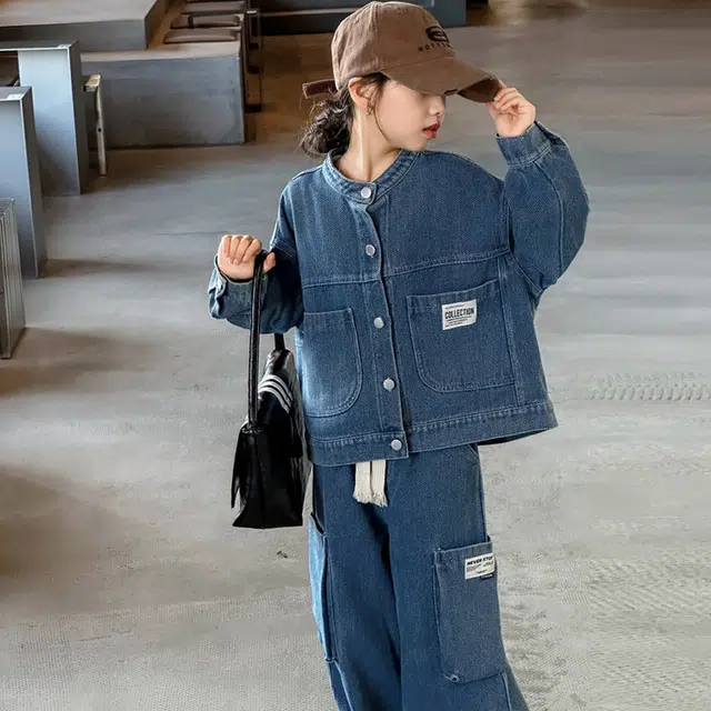 比比我休闲运动套装   女童春秋季牛仔 百搭设计 大童潮牌小孩衣服 小女孩长袖洋气时髦 舒适帅气轻便