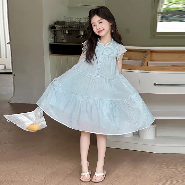 比比我女童夏季连衣裙 小孩衣服 小女孩甜美飞袖裙子 时尚舒适 清新公主裙 大童潮牌 百搭休闲