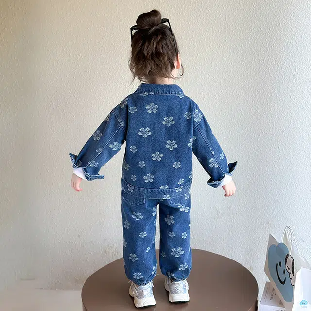 比比我休闲运动套装  女童春秋季贴标花朵牛仔大童潮牌小孩衣服 小女孩长袖洋气时髦 舒适帅气轻便