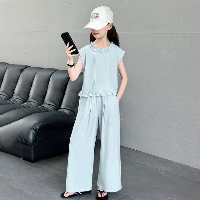 比比我儿童休闲运动套装 女童夏季 小孩衣服 小女孩纯色花边   大童潮牌 无袖长裤套