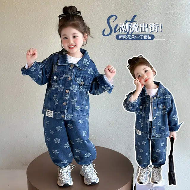 比比我休闲运动套装  女童春秋季贴标花朵牛仔大童潮牌小孩衣服 小女孩长袖洋气时髦 舒适帅气轻便