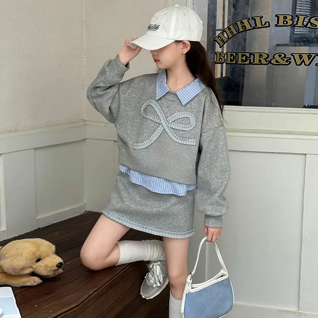 比比我休闲运动套装  女童春秋季大蝴蝶结大童潮牌小孩衣服 小女孩长袖洋气时髦 舒适帅气轻便