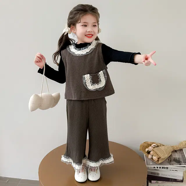 比比我休闲运动套装  女童春秋季花边马甲大童潮牌小孩衣服 小女孩短袖洋气时髦 舒适帅气轻便