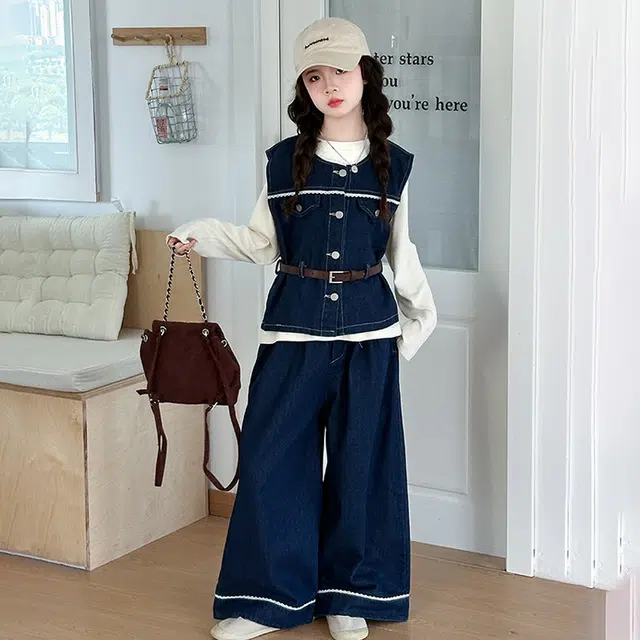 比比我休闲运动套装  女童春秋季牛仔马甲大童潮牌小孩衣服 小女孩短袖洋气时髦 舒适帅气轻便