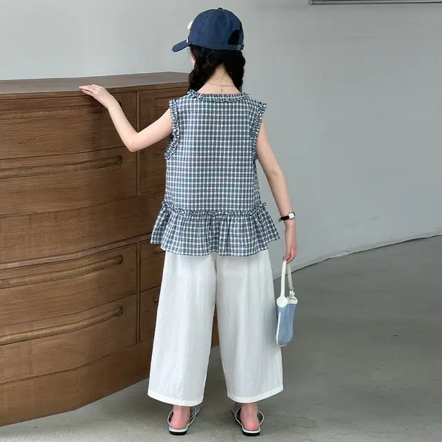 比比我休闲运动套装 女童夏季服装 大童潮牌 小孩衣服 女孩格子花边娃娃衫 时尚潮流