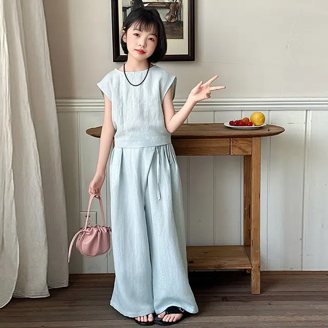 比比我儿童套装  休闲运动  女童夏季服装  小孩衣服 小女孩棉麻套  大童潮牌