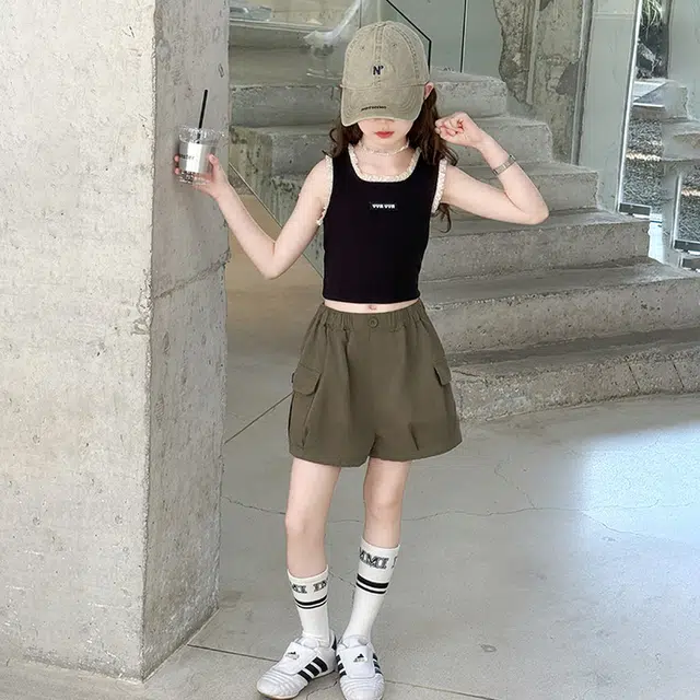 比比我休闲运动套装 女童夏季短袖 大童潮牌 小孩衣服 小女孩背心工装    学生花苞短裤