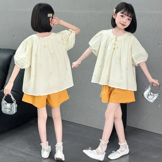 比比我儿童休闲运动套装 女童夏季 小孩衣服 小女孩泡泡袖绣花上衣 短裤套 大童潮牌