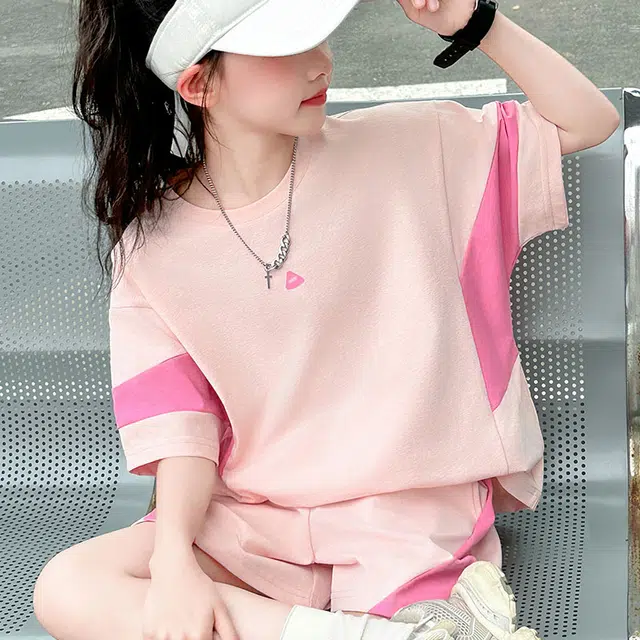 比比我儿童休闲运动套装 女童夏季 小孩衣服 小女孩拼色短袖 洋气短裤套 大童潮牌