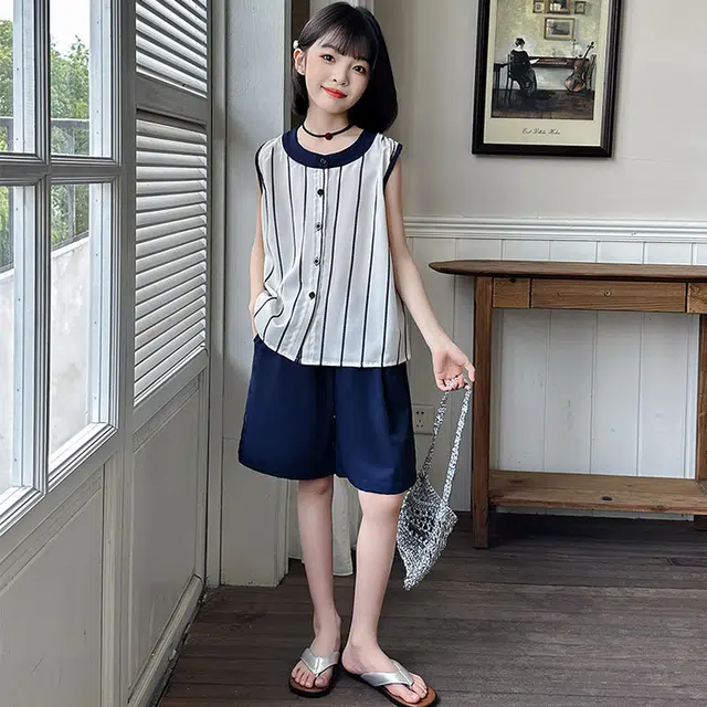 比比我休闲运动套装 女童夏季服装 大童潮牌 小孩衣服 小女孩无袖清爽凉感短袖