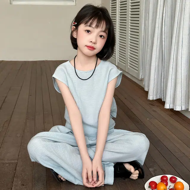 比比我儿童套装  休闲运动  女童夏季服装  小孩衣服 小女孩棉麻套  大童潮牌
