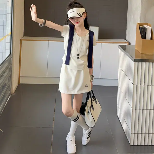 比比我休闲运动套装  女童夏季披肩大童潮牌小孩衣服 小女孩短袖洋气时髦 舒适帅气轻便