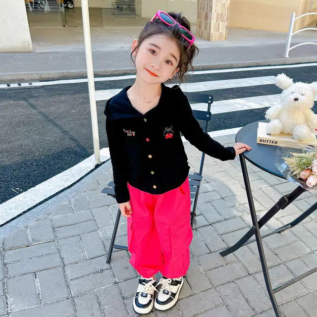 比比我休闲运动套装  女童春秋季连帽工装裤大童潮牌小孩衣服 小女孩短袖洋气时髦 舒适帅气轻便