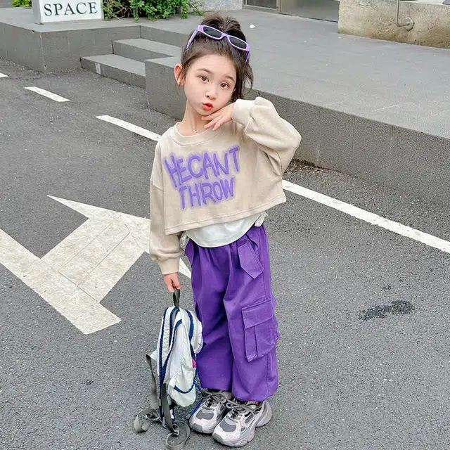 比比我休闲运动套装  女童春秋季字母工装裤大童潮牌小孩衣服 小女孩短袖洋气时髦 舒适帅气轻便