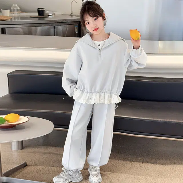 比比我休闲运动套装  女童春秋季大翻领设计花边拼接大童潮牌小孩衣服 小女孩短袖洋气时髦 舒适帅气