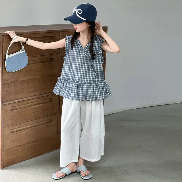 比比我休闲运动套装 女童夏季服装 大童潮牌 小孩衣服 女孩格子花边娃娃衫 时尚潮流