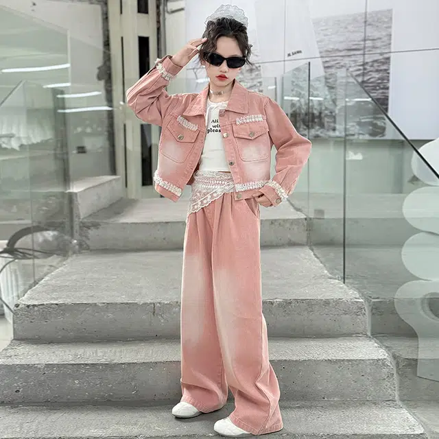 比比我休闲运动套装  女童春秋季花边牛仔大童潮牌小孩衣服 小女孩短袖洋气时髦 舒适帅气轻便
