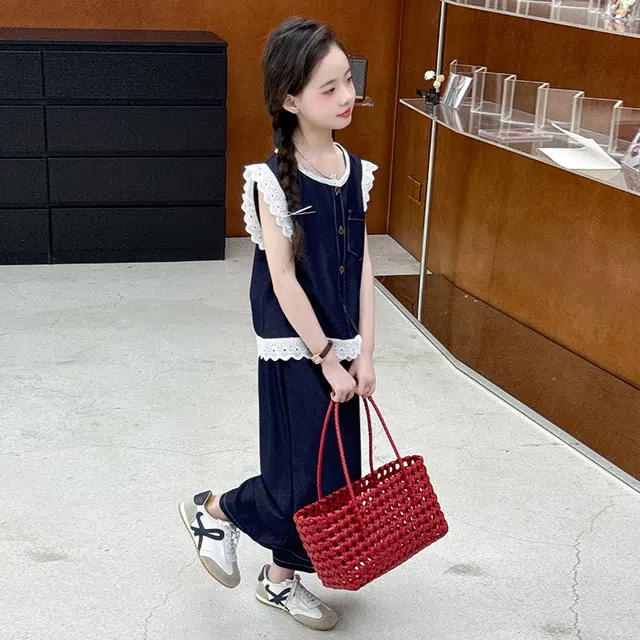 比比我儿童套装  休闲运动 女童夏季服装 小孩衣服 小女孩小香风牛仔花边  大童潮牌