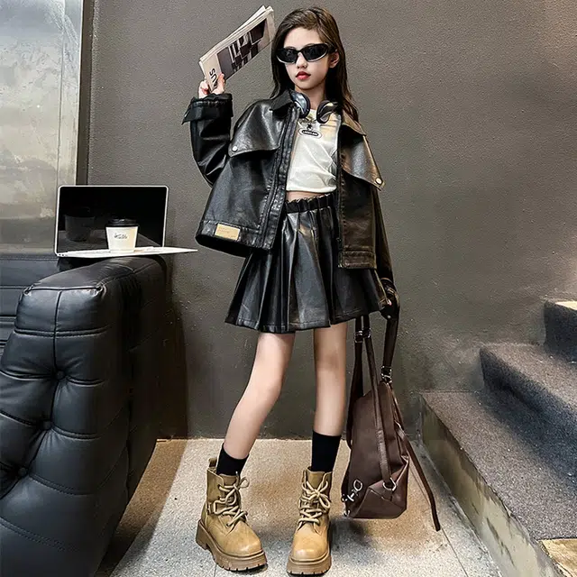 比比我休闲运动套装  女童春秋季洋气皮衣半身裙大童潮牌小孩衣服 小女孩短袖时髦 舒适帅气轻便