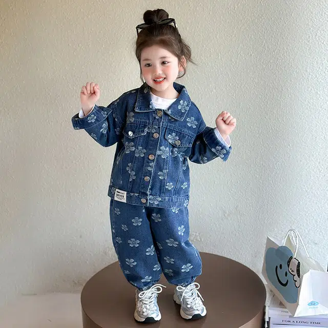 比比我休闲运动套装  女童春秋季贴标花朵牛仔大童潮牌小孩衣服 小女孩长袖洋气时髦 舒适帅气轻便