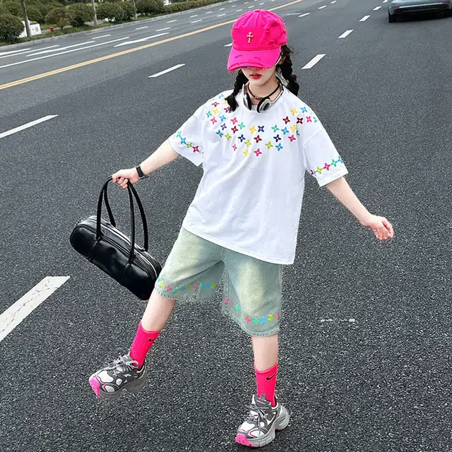 比比我休闲运动套装  女童春秋季四角星印花牛仔大童潮牌小孩衣服 小女孩长袖洋气时髦 舒适帅气轻便
