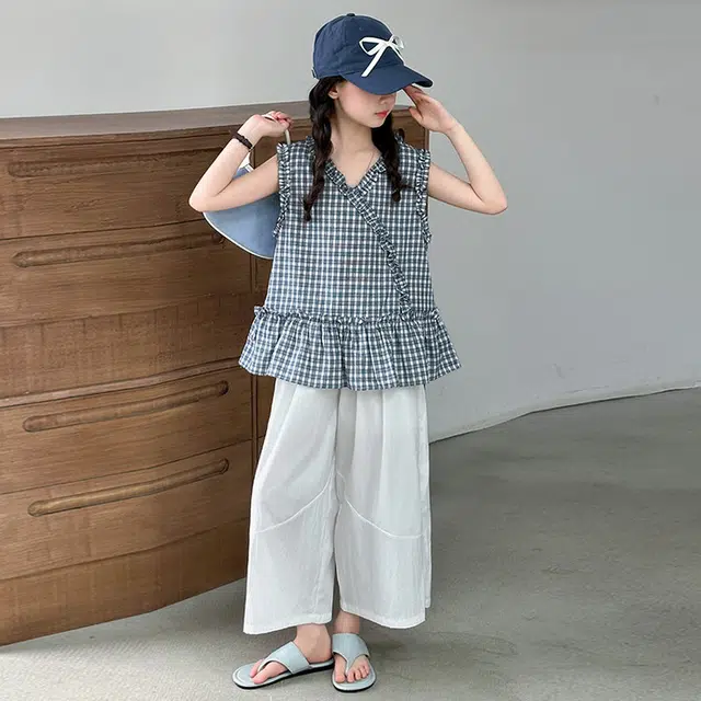 比比我休闲运动套装 女童夏季服装 大童潮牌 小孩衣服 女孩格子花边娃娃衫 时尚潮流