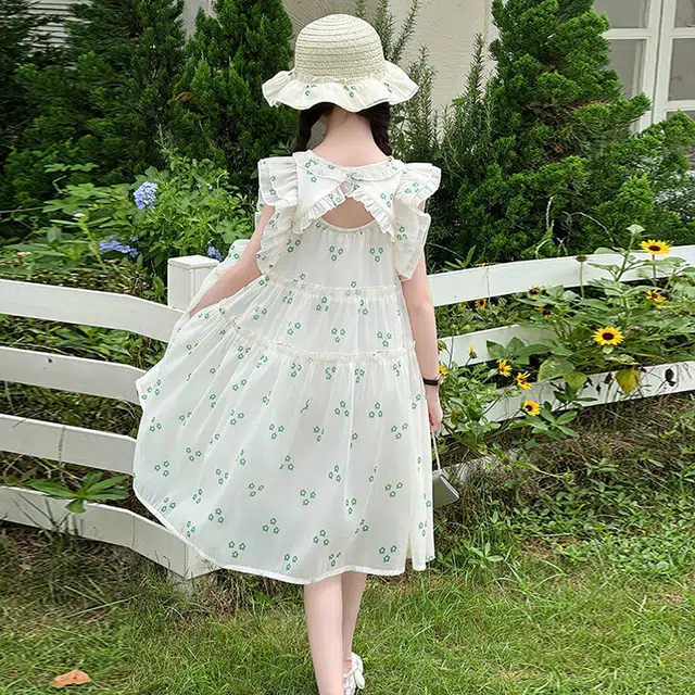比比我女童夏季 大童潮牌 小孩衣服 小女孩飞袖雪纺连衣裙 时尚舒适 清新公主裙 百搭休闲