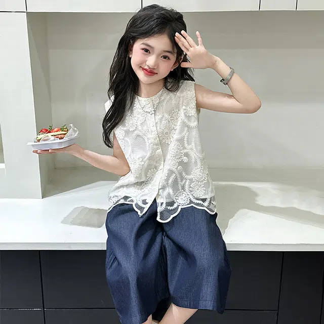比比我儿童休闲运动套装 女童夏季服装 小孩衣服 小女孩刺绣蕾丝背心马甲牛仔裤 大童潮牌