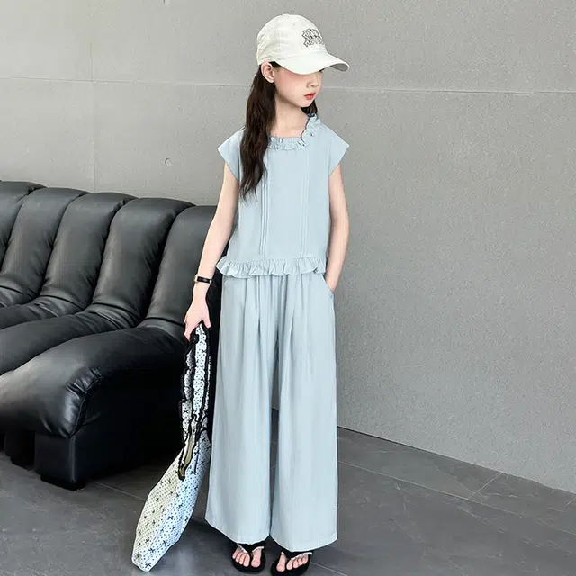 比比我儿童休闲运动套装 女童夏季 小孩衣服 小女孩纯色花边   大童潮牌 无袖长裤套