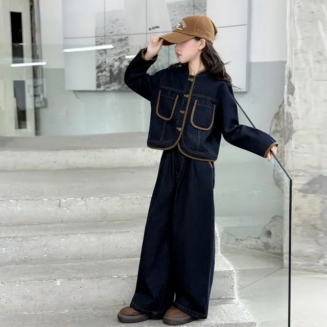 比比我休闲运动套装  女童春秋季撞色牛仔大童潮牌小孩衣服 小女孩长袖洋气时髦 舒适帅气轻便