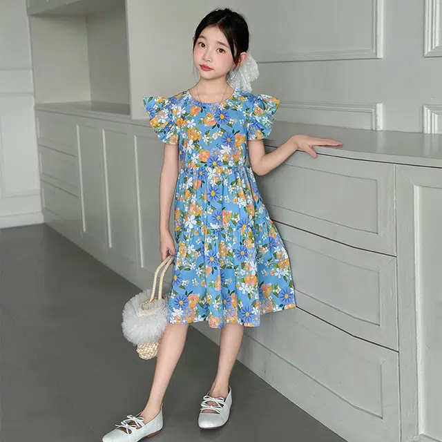 比比我女童夏季裙子 小女孩衣服 碎花连衣裙 清新公主裙 大童潮牌  百搭休闲
