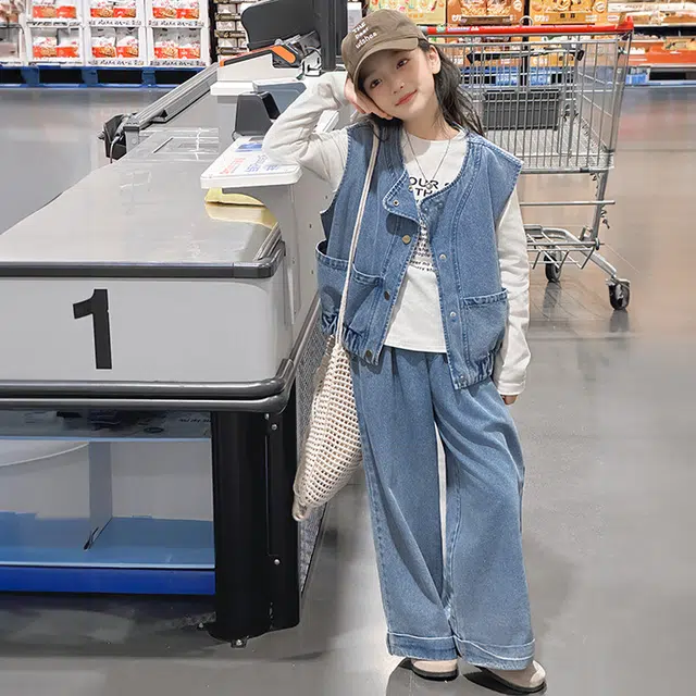 比比我休闲运动套装  女童春秋季牛仔马甲大童潮牌小孩衣服 小女孩长袖洋气时髦 舒适帅气轻便