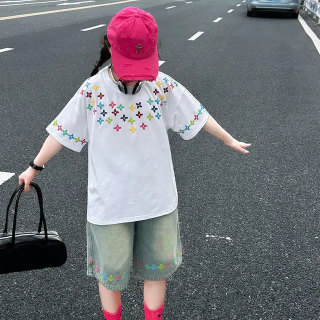 比比我休闲运动套装  女童春秋季四角星印花牛仔大童潮牌小孩衣服 小女孩长袖洋气时髦 舒适帅气轻便