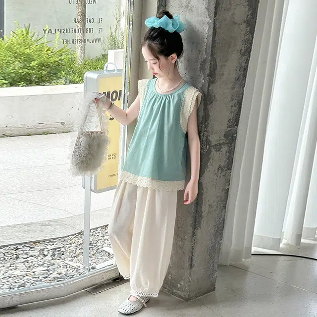 比比我裙装套装 女童夏季 小孩衣服 小女孩字花边上衣灯笼裤 大童潮牌运动