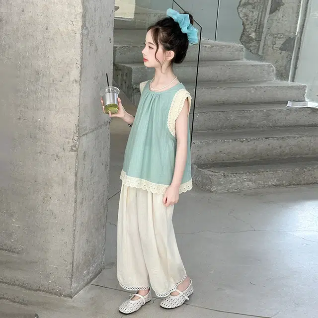 比比我裙装套装 女童夏季 小孩衣服 小女孩字花边上衣灯笼裤 大童潮牌运动
