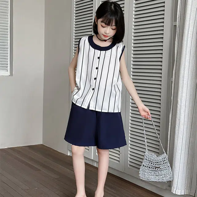 比比我休闲运动套装 女童夏季服装 大童潮牌 小孩衣服 小女孩无袖清爽凉感短袖